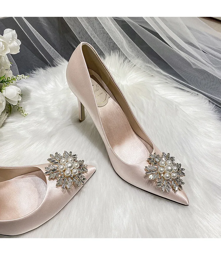 7cm Shallow Mount Pearl With Beaded Sexy High Heels Satin Wedding Shoes