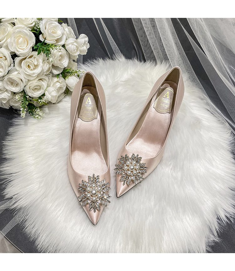 7cm Shallow Mount Pearl With Beaded Sexy High Heels Satin Wedding Shoes