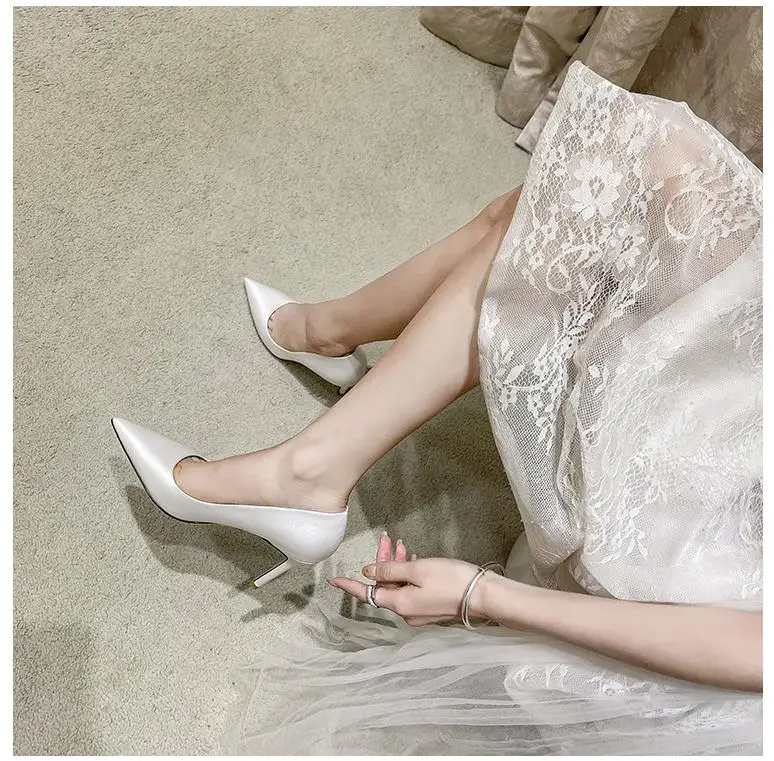 7cm Shallow Mount Pearl With Beaded Sexy High Heels Satin Wedding Shoes