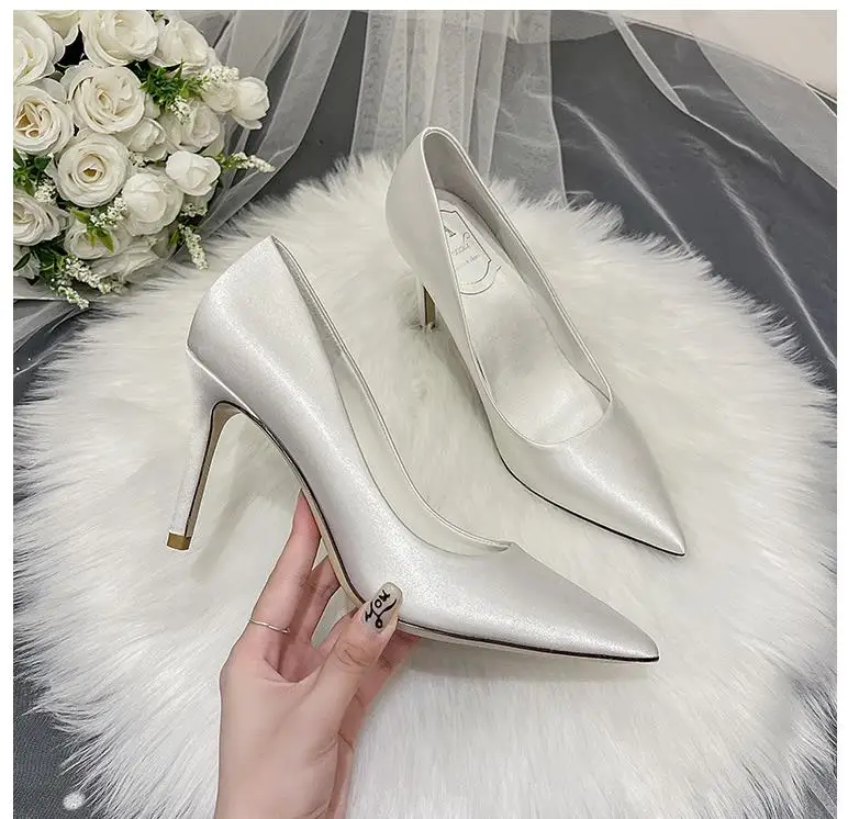 7cm Shallow Mount Pearl With Beaded Sexy High Heels Satin Wedding Shoes