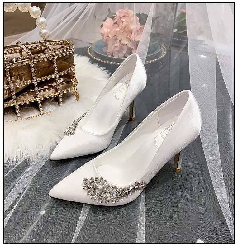 7cm Shallow Mount Pearl With Beaded Sexy High Heels Satin Wedding Shoes