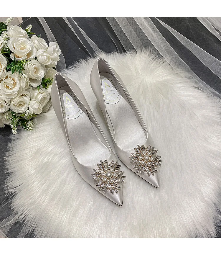 7cm Shallow Mount Pearl With Beaded Sexy High Heels Satin Wedding Shoes