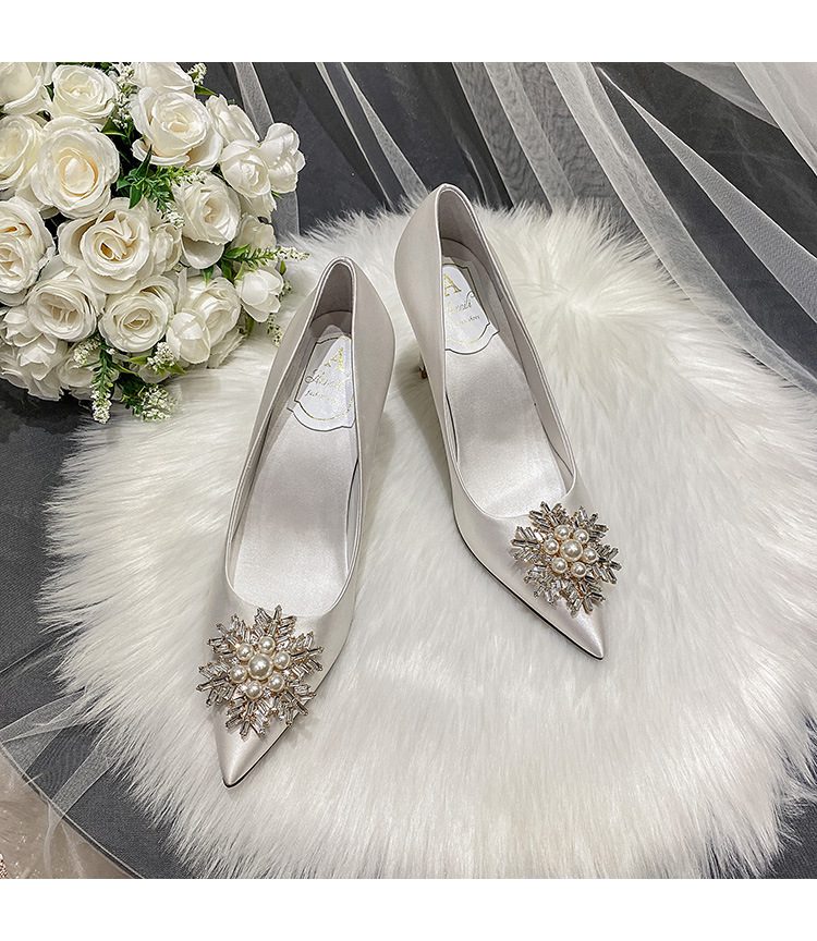 7cm Shallow Mount Pearl With Beaded Sexy High Heels Satin Wedding Shoes