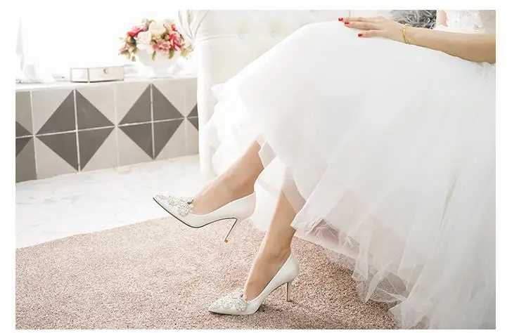 7cm Shallow Mount Pearl With Beaded Sexy High Heels Satin Wedding Shoes