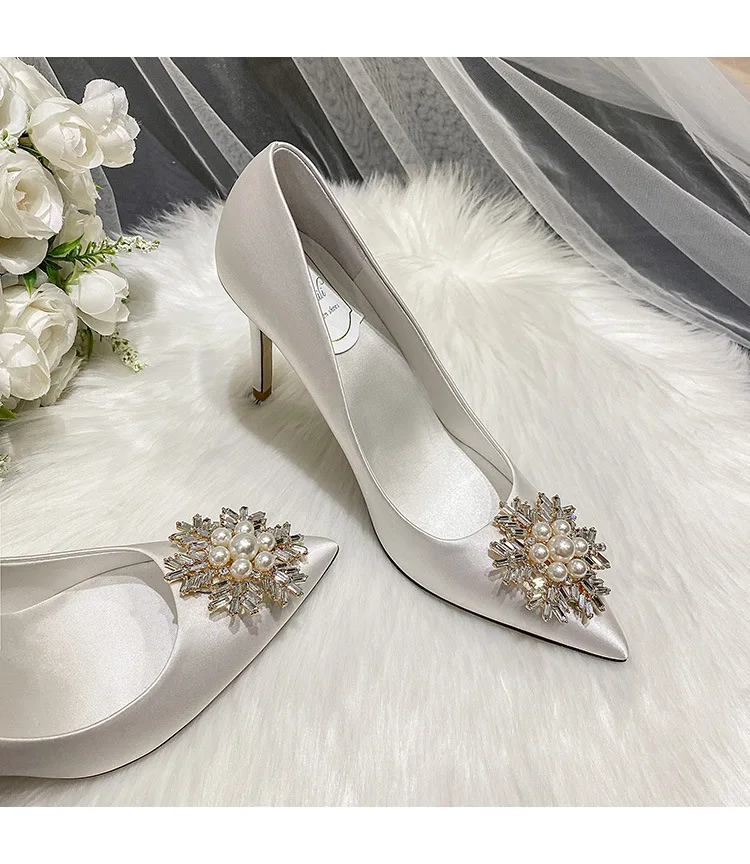 7cm Shallow Mount Pearl With Beaded Sexy High Heels Satin Wedding Shoes