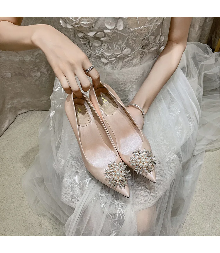 7cm Shallow Mount Pearl With Beaded Sexy High Heels Satin Wedding Shoes