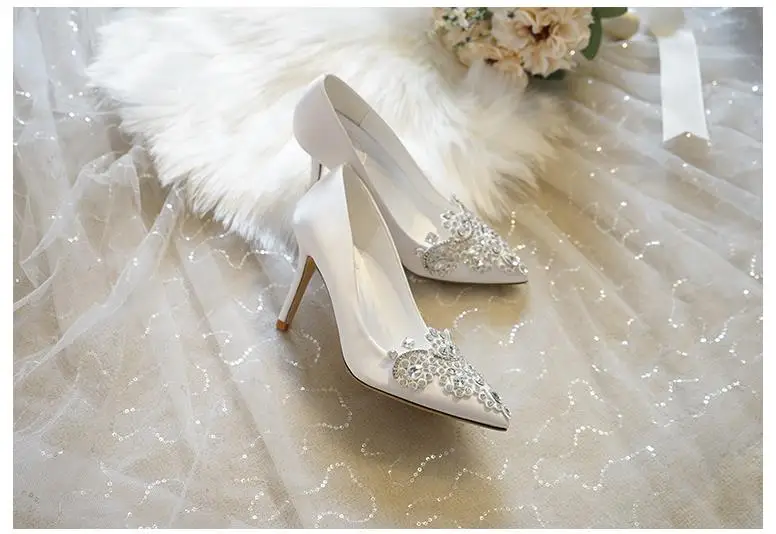 7cm Shallow Mount Pearl With Beaded Sexy High Heels Satin Wedding Shoes