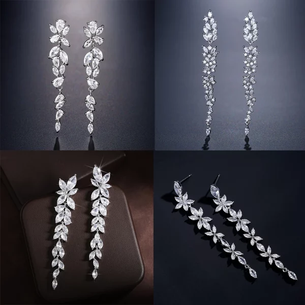 Elegant Shiny Zircon Sliver Color Long Drop Earrings Wedding Jewelry