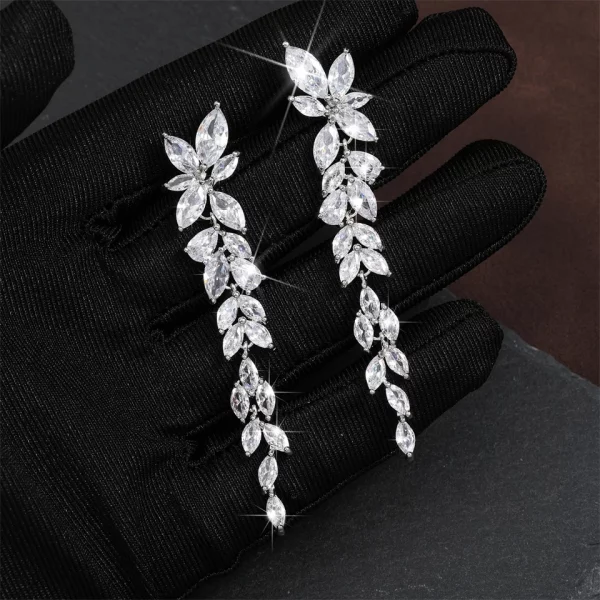 Elegant Shiny Zircon Sliver Color Long Drop Earrings Wedding Jewelry