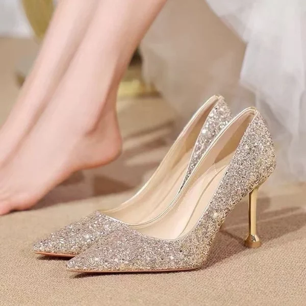 Sexy Bling High Thin Heel Metal Pointed Toe Shallow Bridal Wedding Shoes