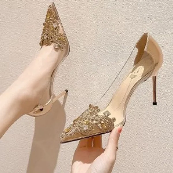 Transparent High Heel Pointed Toe Rhinestone Champagne Bridesmaid Wedding Shoes