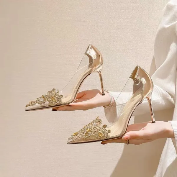 Transparent High Heel Pointed Toe Rhinestone Champagne Bridesmaid Wedding Shoes