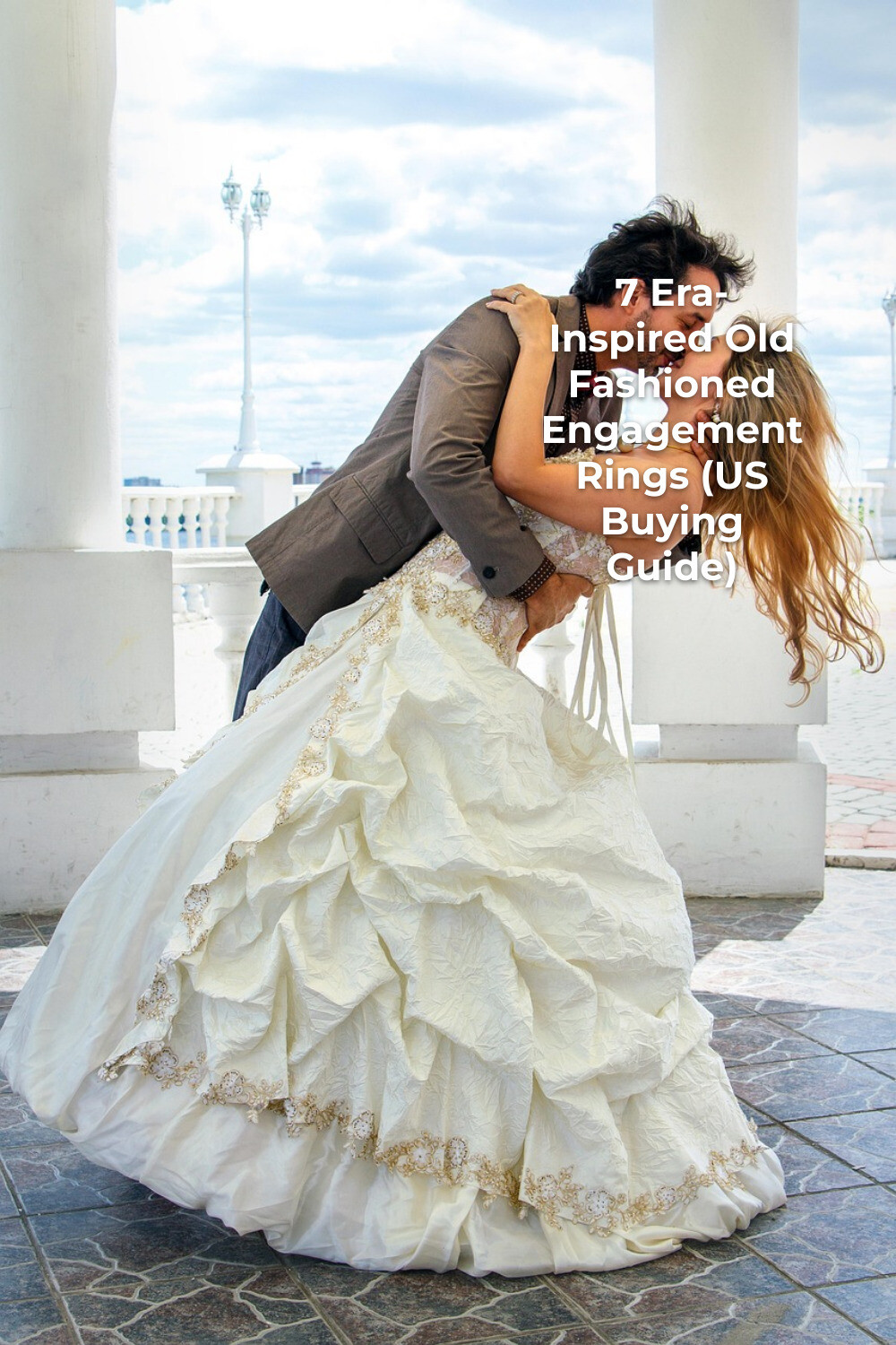 Old Fashioned Engagement Rings Romantic Kiss Old fashioned engagement rings moment as a groom dips his bride for a kiss between white columns