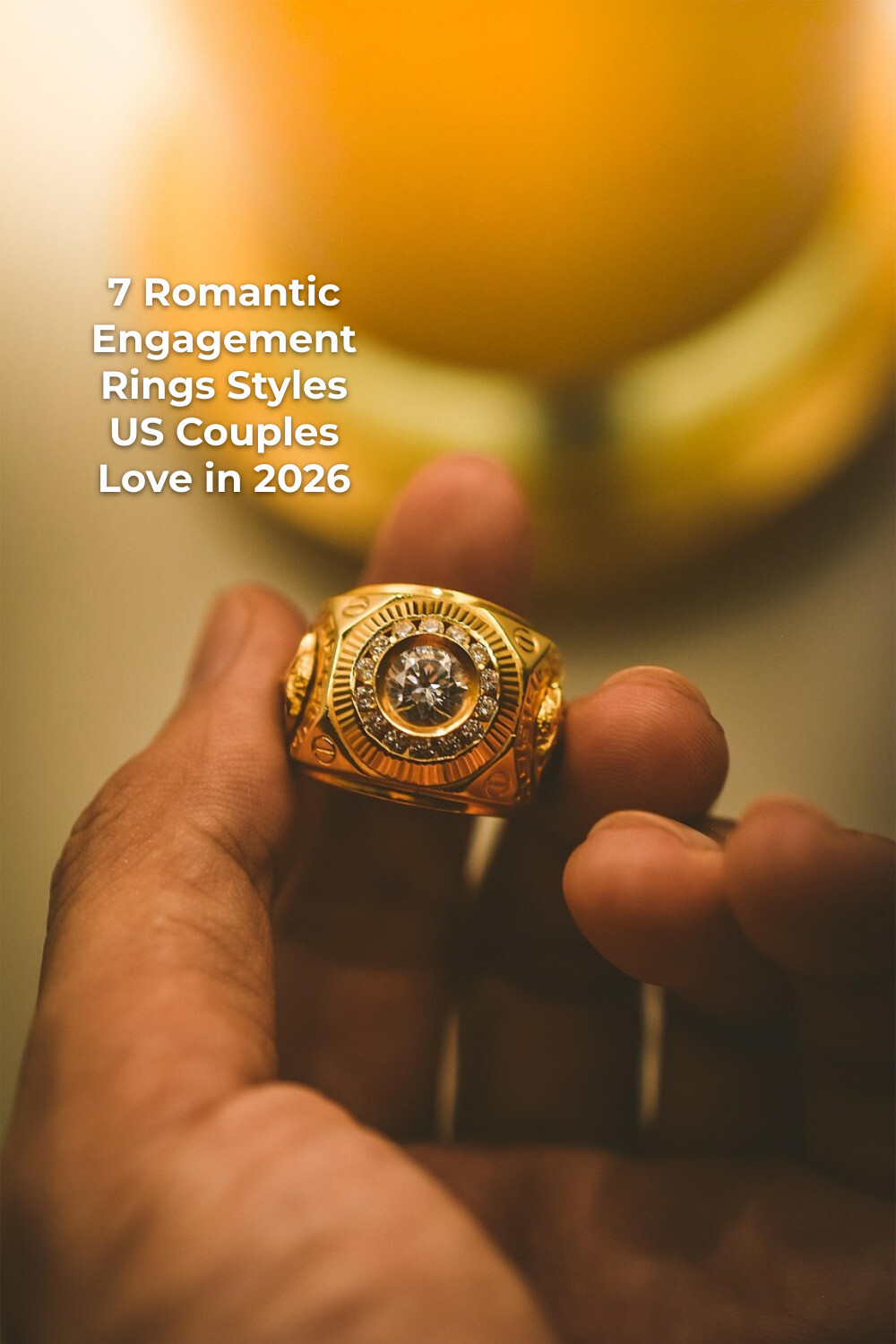 Romantic Engagement Ring in Hand Romantic engagement rings: hand holding a gold ring with a round clear stone against a softly blurred background
