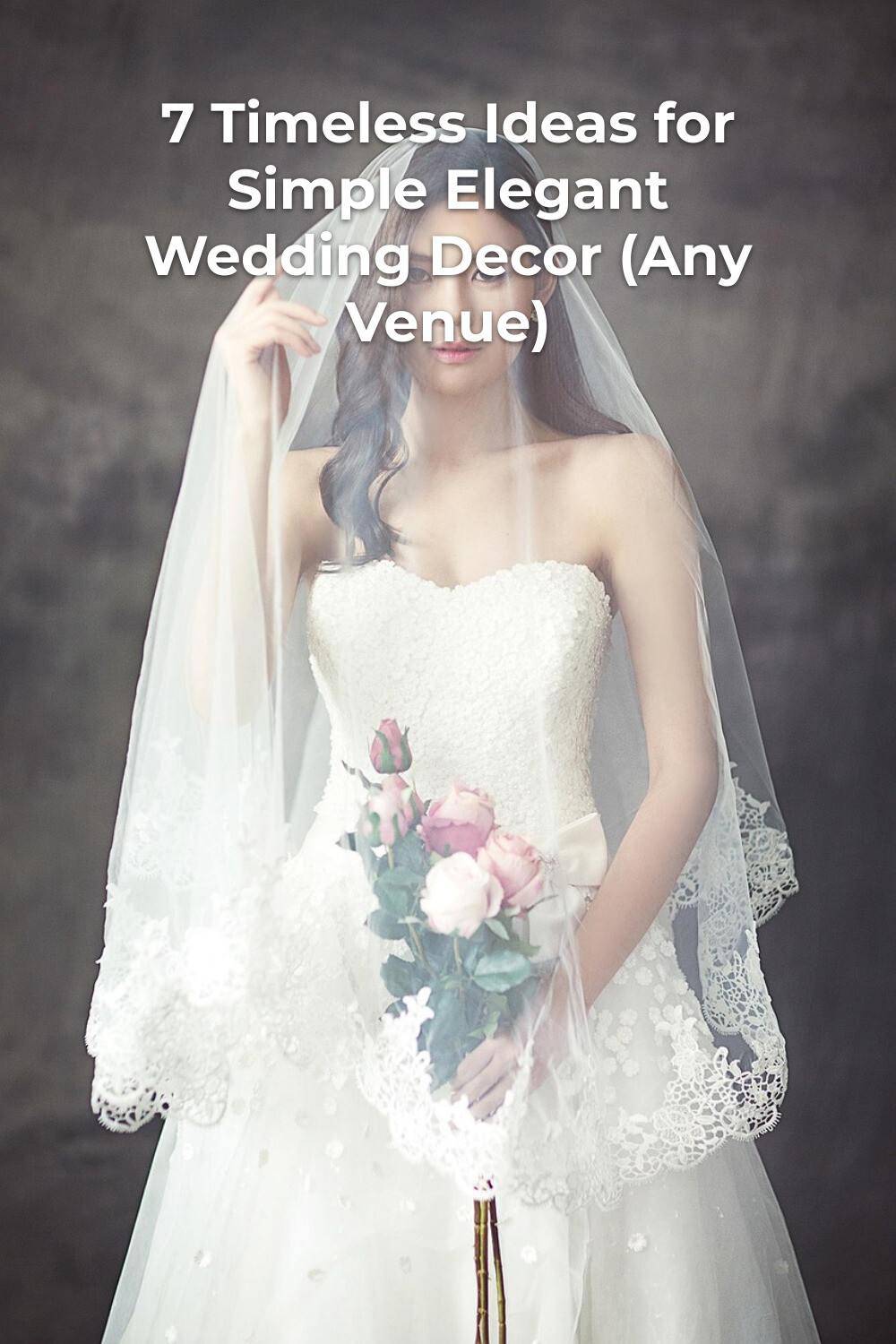 Simple Elegant Wedding Decor with Pink Roses Simple elegant wedding decor: bride in white veil holding a bouquet of pink roses against a dark background