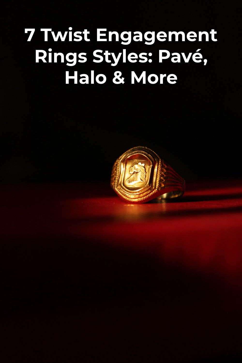 Twist engagement rings inspiration: gold signet ring with engraved figure on red surface, dark background