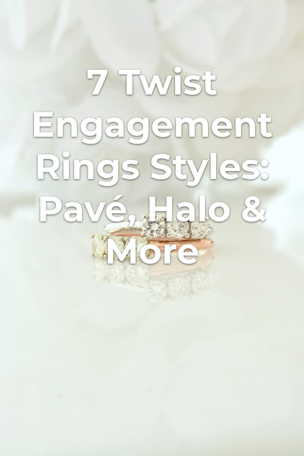 Twist engagement rings in silver and rose gold with diamonds on glossy white surface, blurred white flower backdrop