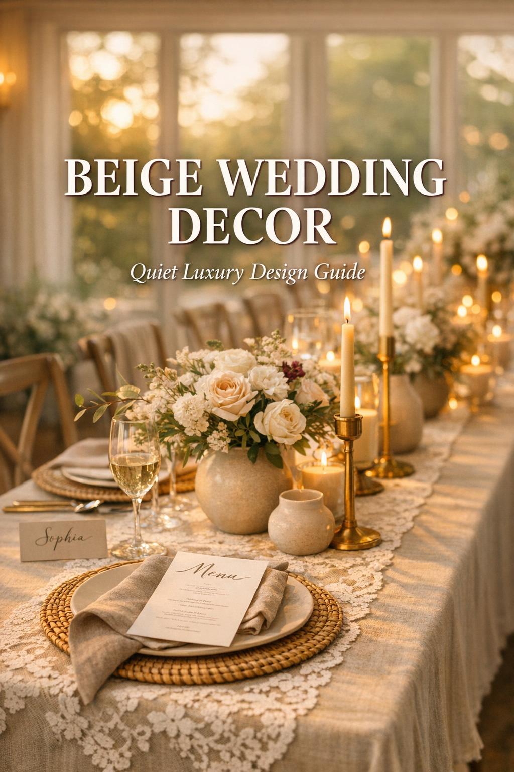 Beige Wedding Decor Quiet Luxury Tablescape Beige wedding decor tablescape with linen, lace runner, candlelight, neutral florals, and quiet luxury details at golden hour.