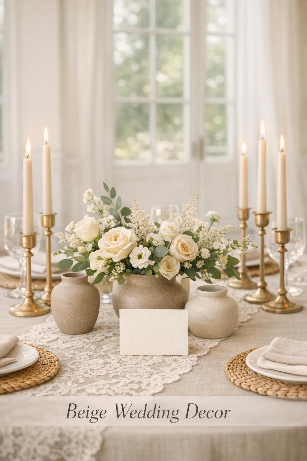 Beige Wedding Decor Quiet Luxury Tablescape Beige wedding decor tablescape with linen, lace runner, champagne-gold candles, neutral florals, and ceramic vases in daylight