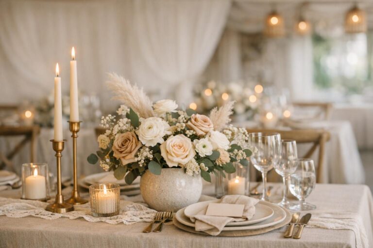 Beige wedding decor tablescape with ivory lace runner, champagne-gold candle holders, and neutral florals