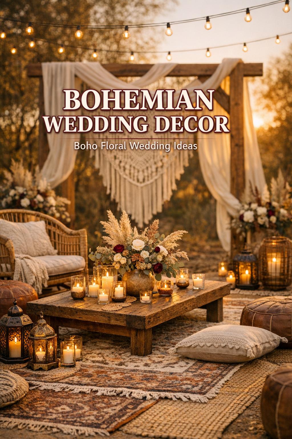 Bohemian wedding decor lounge with rattan chairs, vintage rugs, macramé arch, lanterns, and boho florals at golden hour