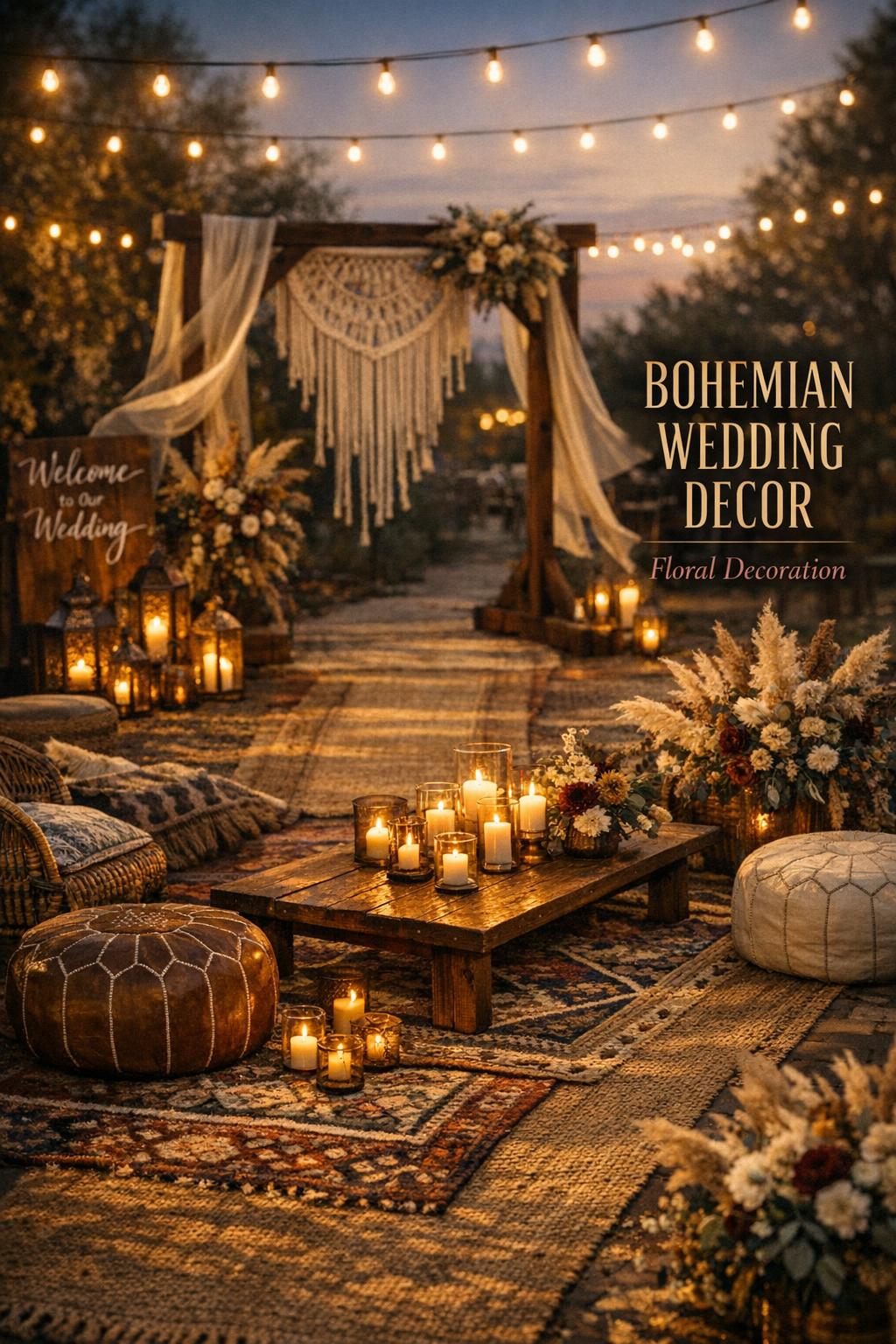 Bohemian wedding decor lounge with vintage rugs, macramé arch, lanterns, and wildflower floral decoration at dusk