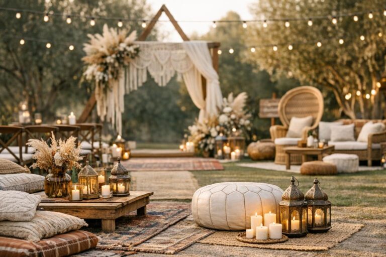 Bohemian wedding decor with macramé arch, rattan lanterns, and layered rugs in a cozy outdoor ceremony setting