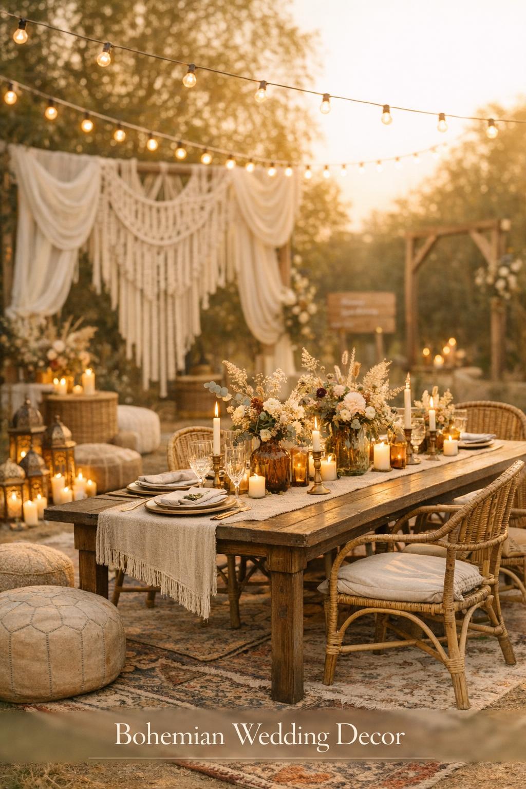 Bohemian wedding decor with long wooden farm table, rattan chairs, macrame backdrop, lanterns, and string lights at sunset