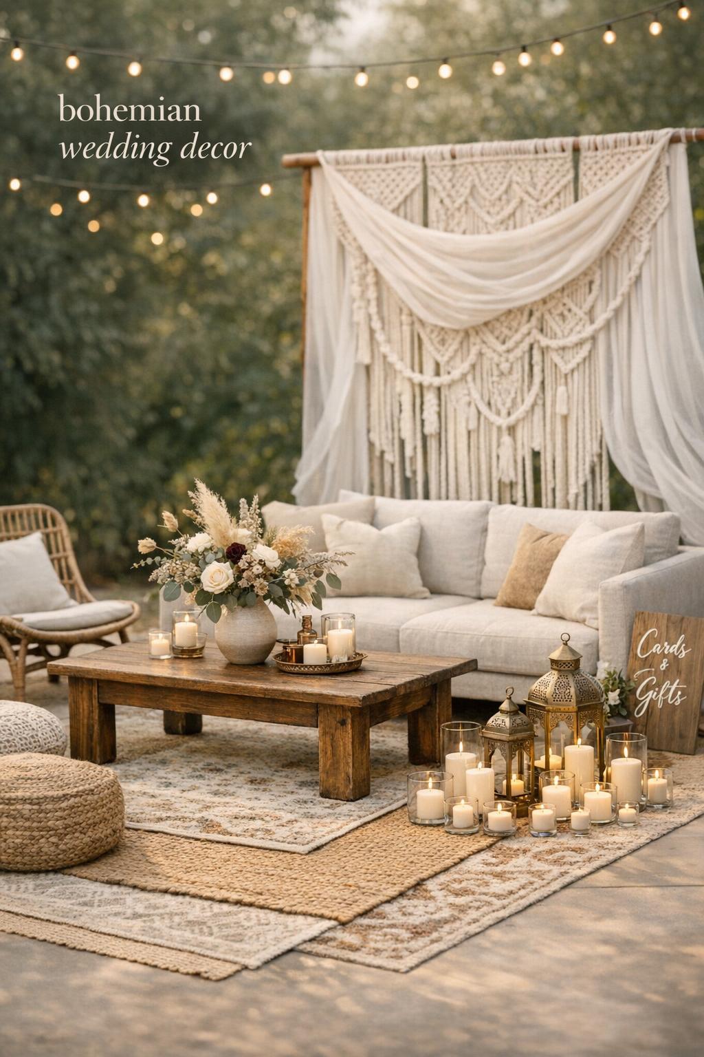 Bohemian wedding decor lounge zone with rattan chairs, macrame backdrop, lanterns, candles, and neutral rugs outdoors