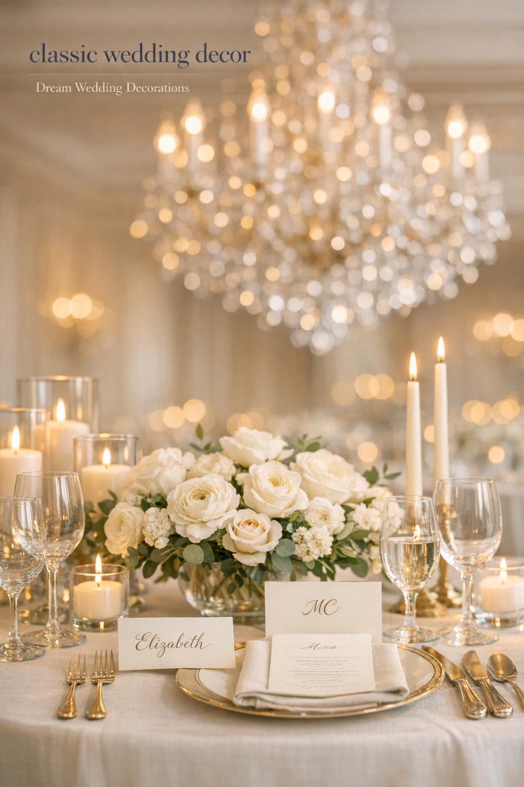 classic wedding decor reception table with ivory linen, white florals, candles, crystal glassware under chandelier