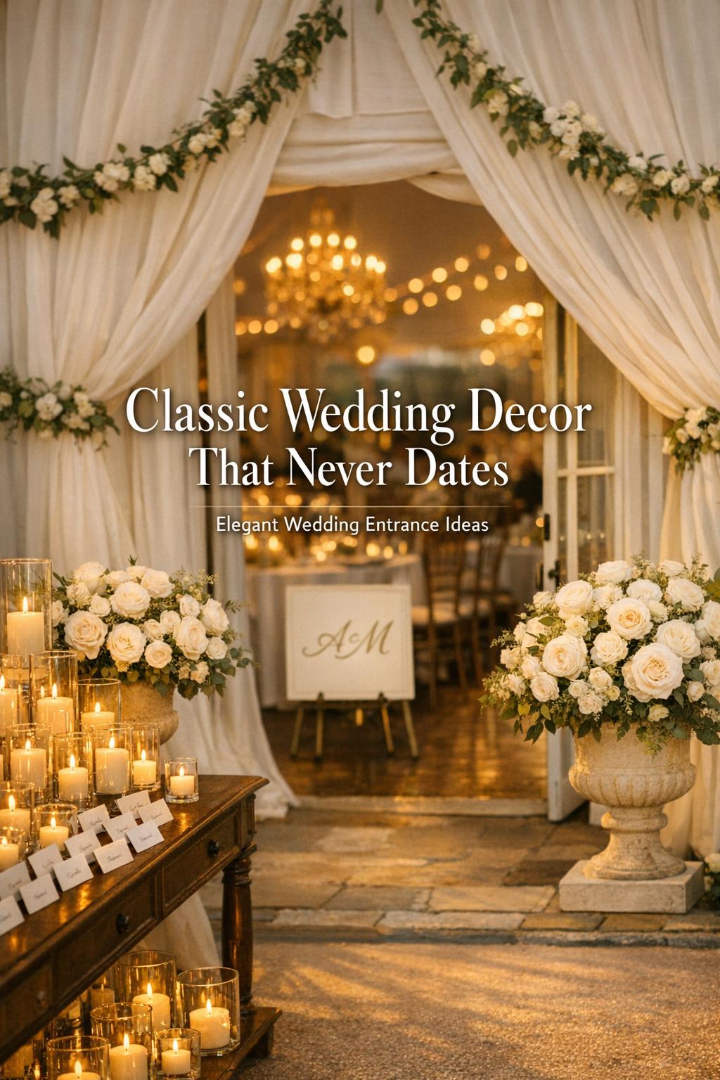 Classic wedding decor at a golden-hour wedding entrance with white florals, candles, escort cards, and draped tent entry