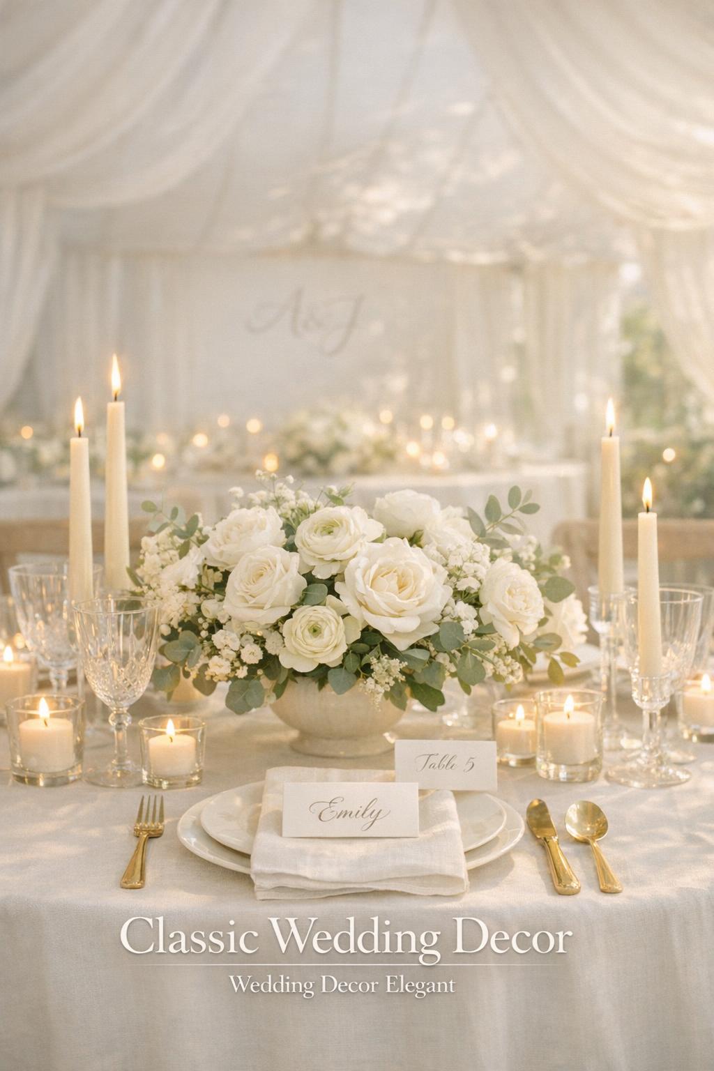 Classic wedding decor tablescape with ivory linen, crystal glassware, white flowers, and candlelight in an airy tent