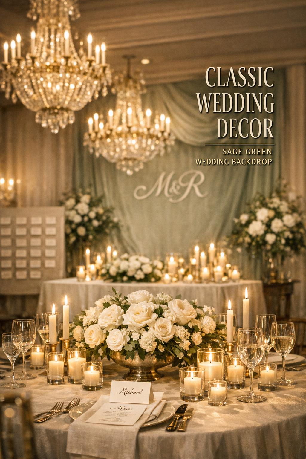 Classic wedding decor in chandelier ballroom with white florals, candle clusters, and a sage green wedding backdrop