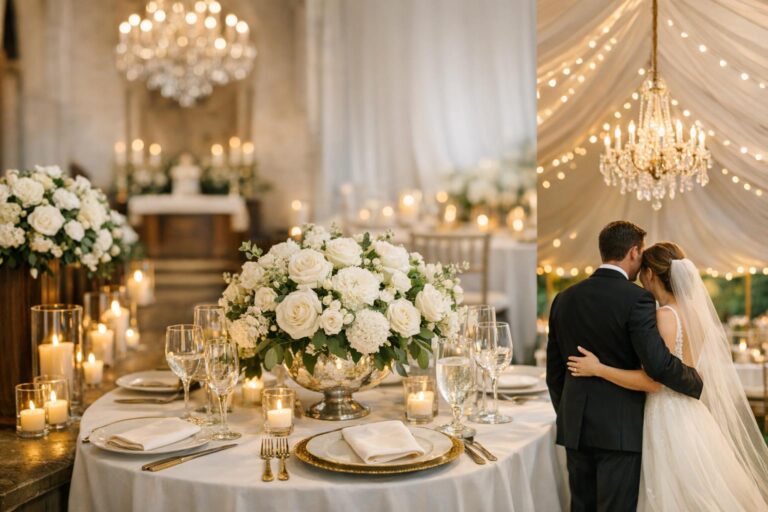 Classic wedding decor reception table with white florals, crystal glassware, and candlelight in an elegant US venue