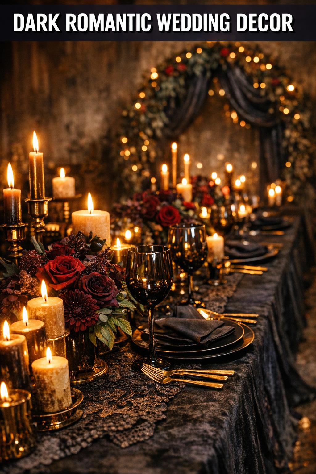 Dark romantic wedding decor with moody candlelight, deep florals, and elegant table setting in a dramatic reception scene