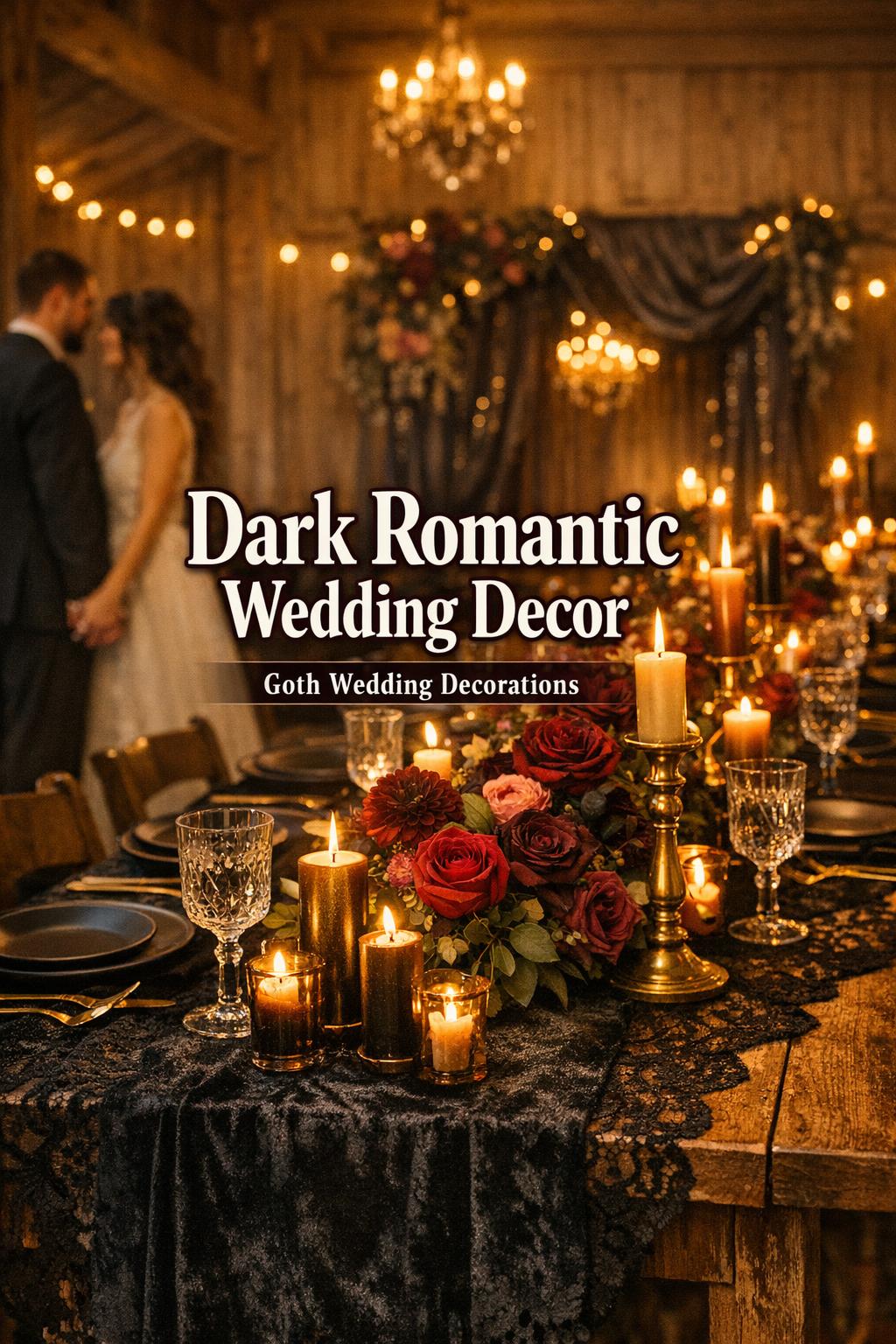 Dark romantic wedding decor tablescape with black velvet runner, brass candlesticks, dark florals, and candlelight glow
