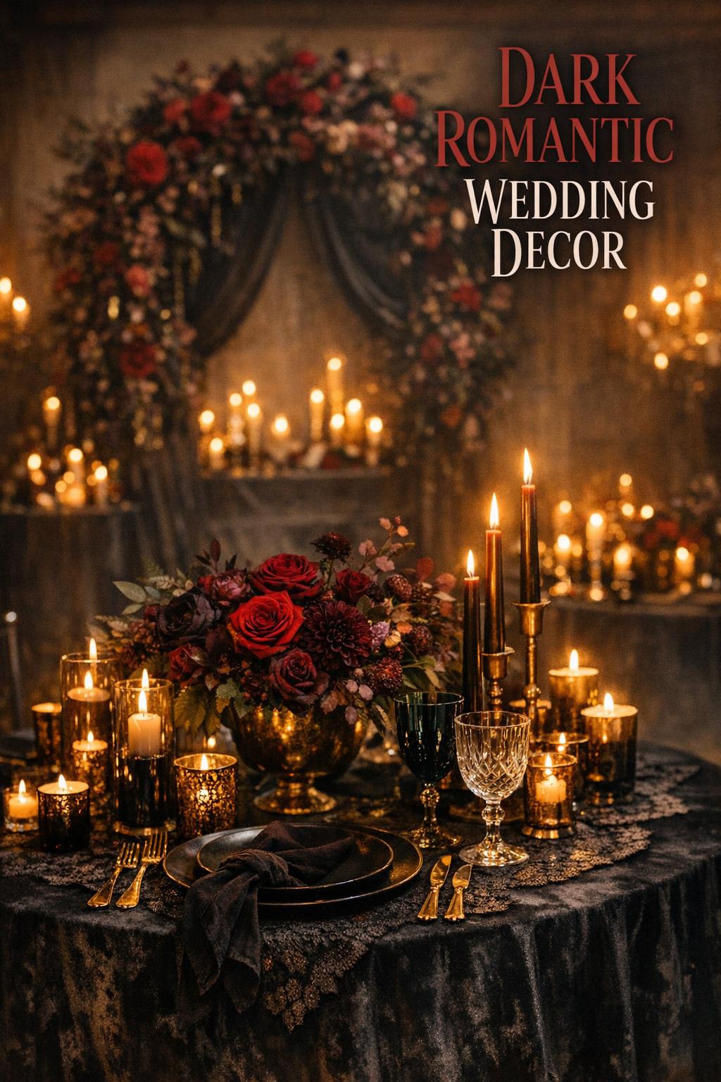 Dark romantic wedding decor with velvet linens, burgundy florals, candlelit table, and gold accents in a moody elegant venue