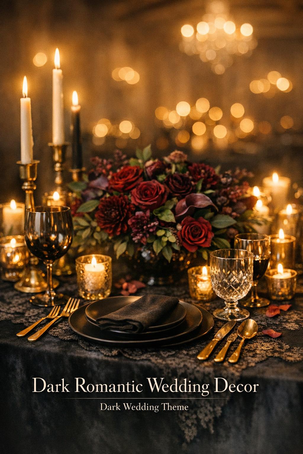 Dark romantic wedding decor tablescape with black velvet, lace runner, brass accents, glass goblets, candles and lush burgundy florals.