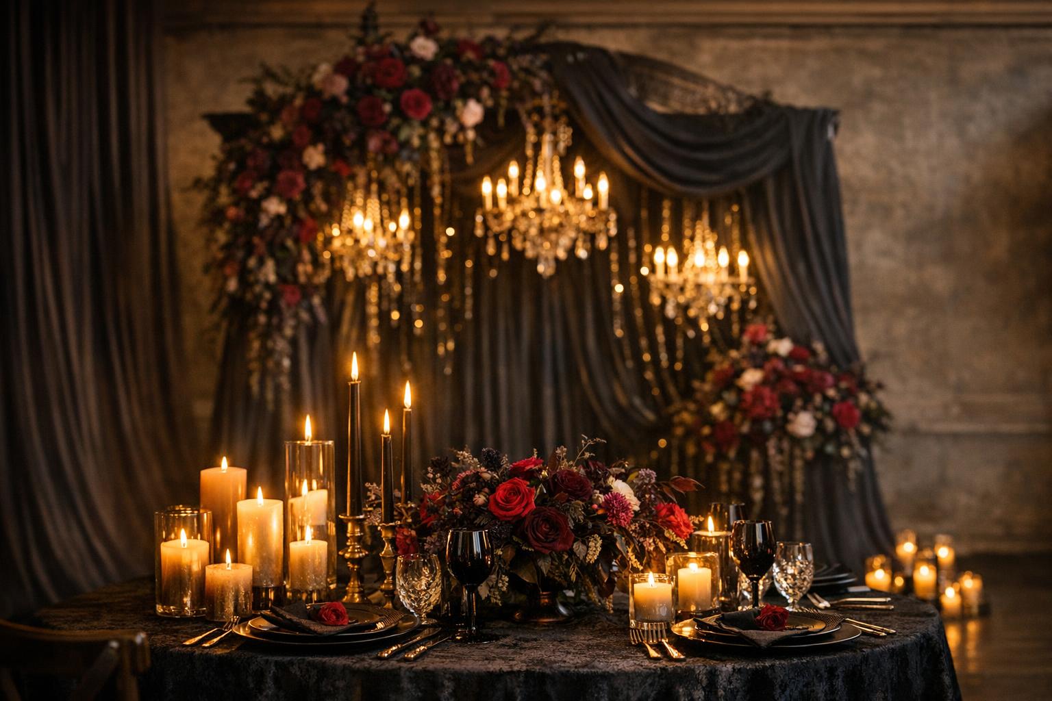 9 Warm-Lit Dark Romantic Wedding Decor Ideas (Moody Elegance)