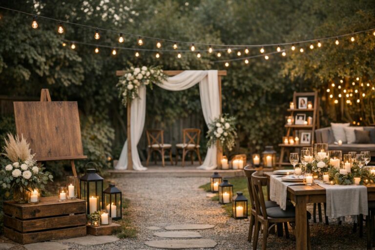 Elegant home decor for wedding with soft candlelight, string lights, and a simple ceremony backdrop in a cozy backyard