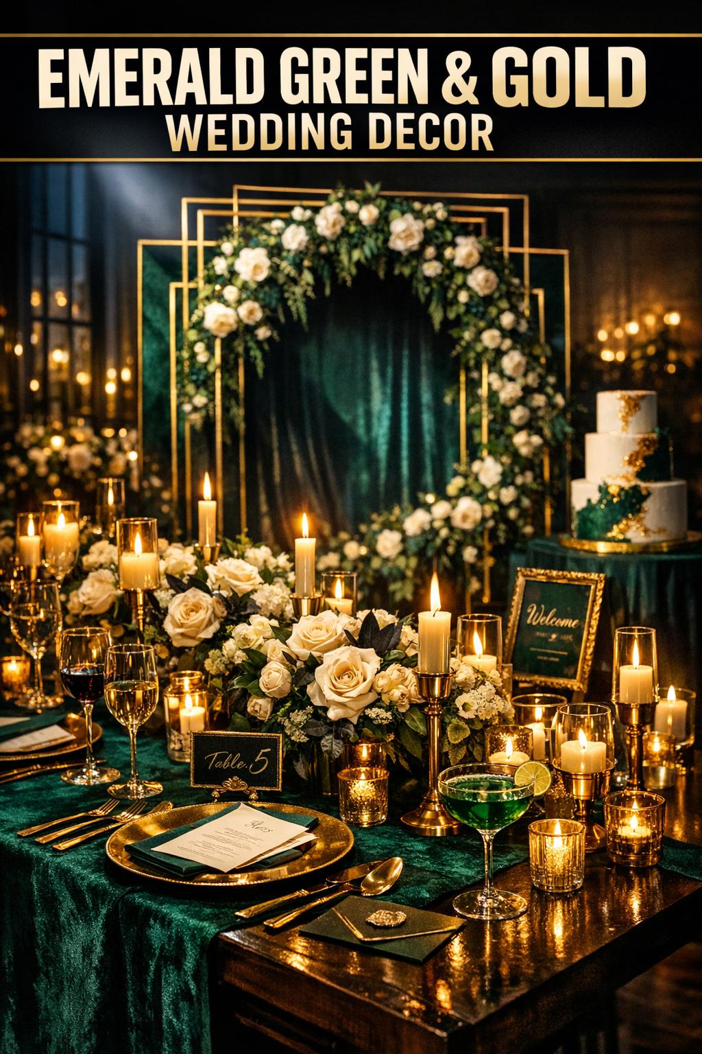 Emerald Green and Gold Wedding Decor Emerald green and gold wedding decor with elegant table setting, candles, and floral centerpiece