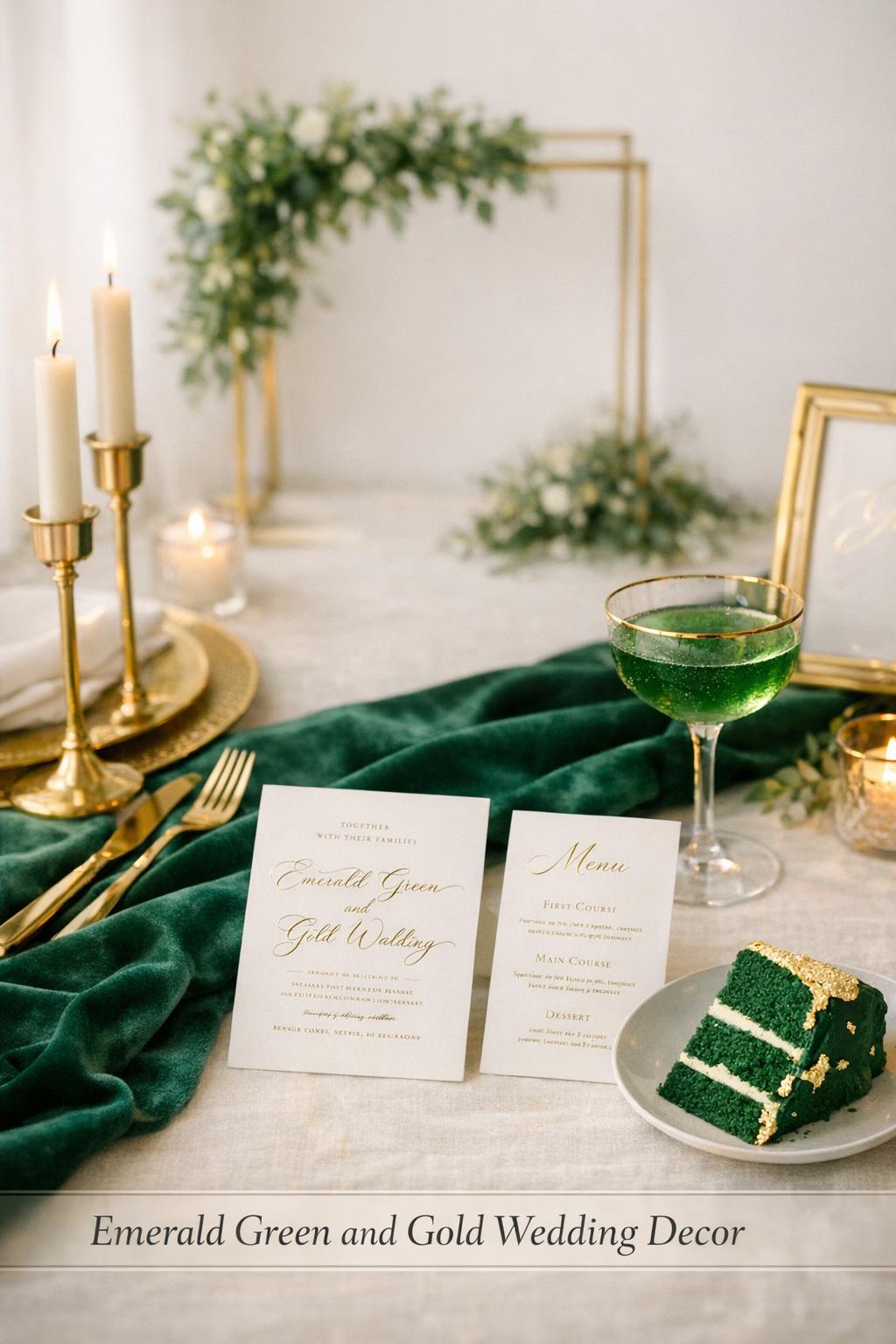 Emerald Green and Gold Wedding Decor Flat Lay Emerald green and gold wedding decor flat lay with velvet runner, gold chargers, stationery, candles, cocktail, and cake