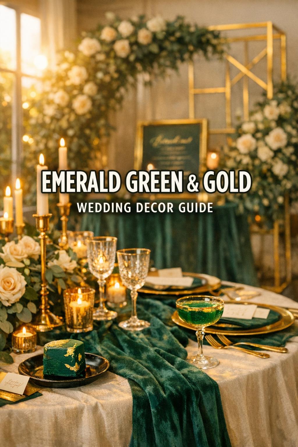 Emerald Green and Gold Wedding Decor Guide Emerald green and gold wedding decor table with velvet runner, gold chargers, candlelight, and stationery at golden hour