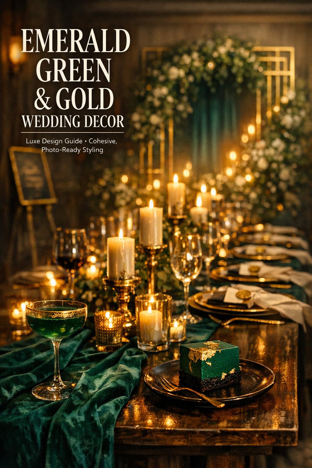 Emerald Green and Gold Wedding Decor Guide Emerald green and gold wedding decor table with velvet runner, gold chargers, candlelight, stationery, and emerald cocktail.