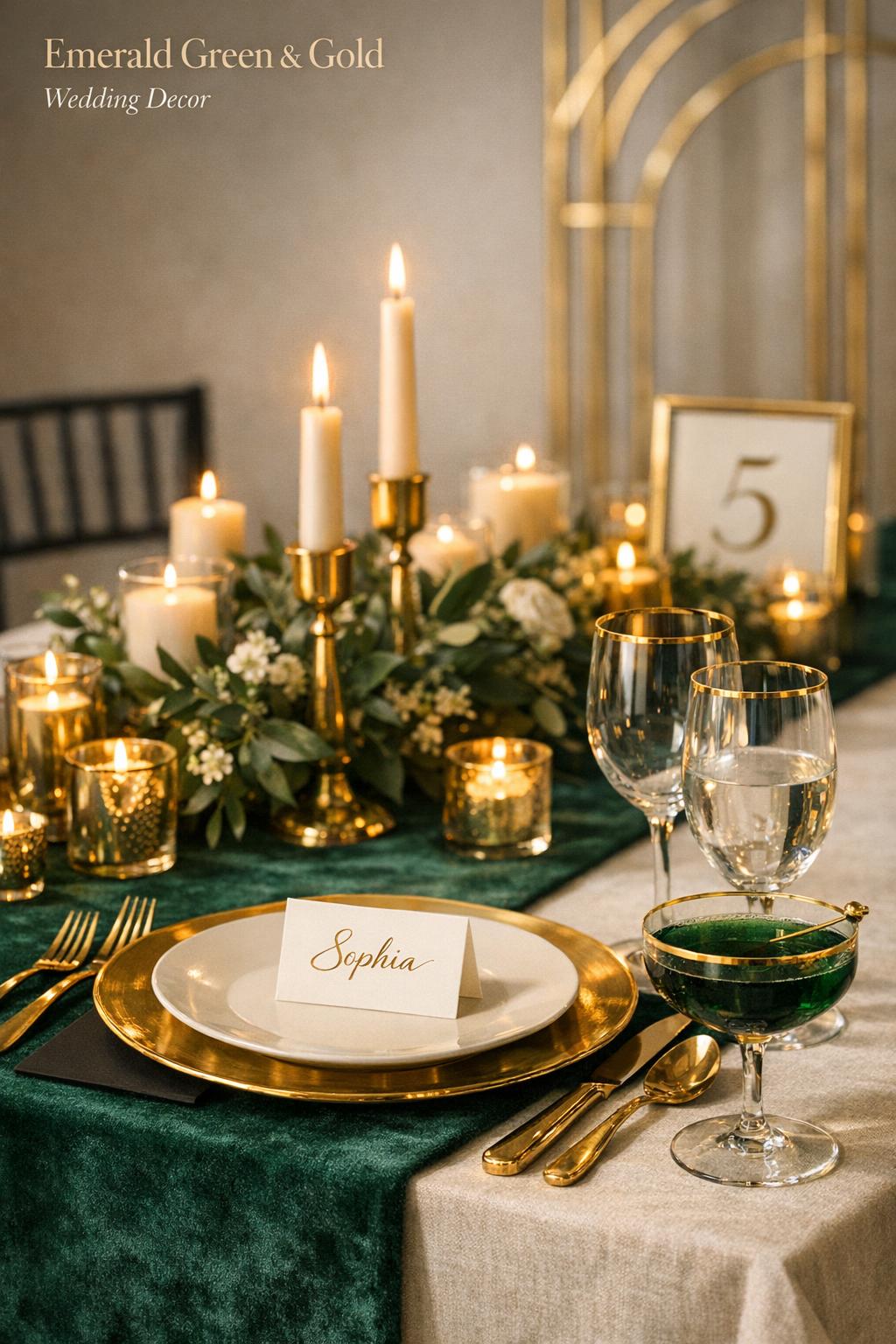 Emerald Green and Gold Wedding Decor Tablescape emerald green and gold wedding decor tablescape with velvet runner, gold charger, candleholders, crystal glassware and place card
