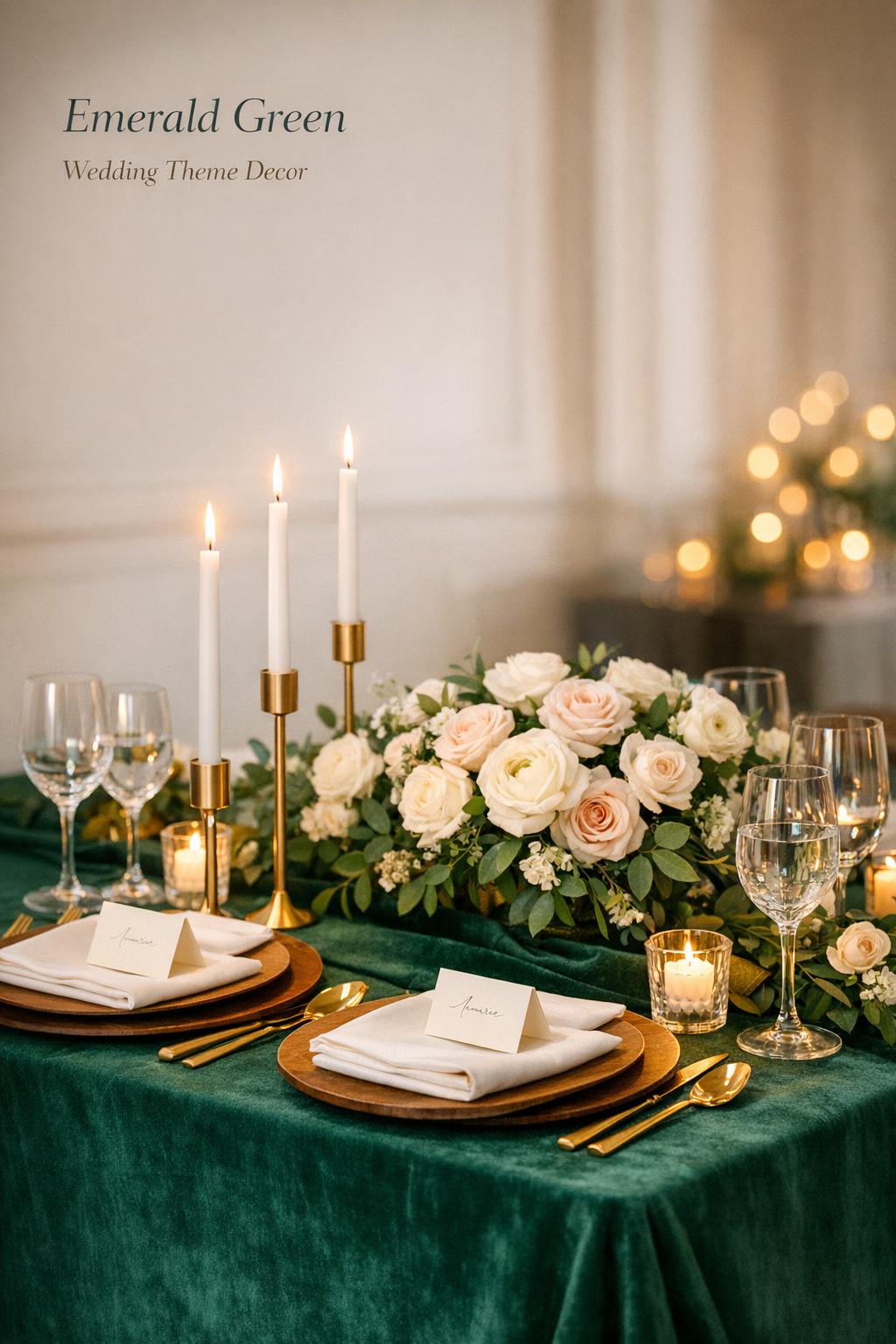 Emerald green wedding theme decor with velvet runner, ivory roses, gold flatware, crystal stemware, and candlelit table setting.