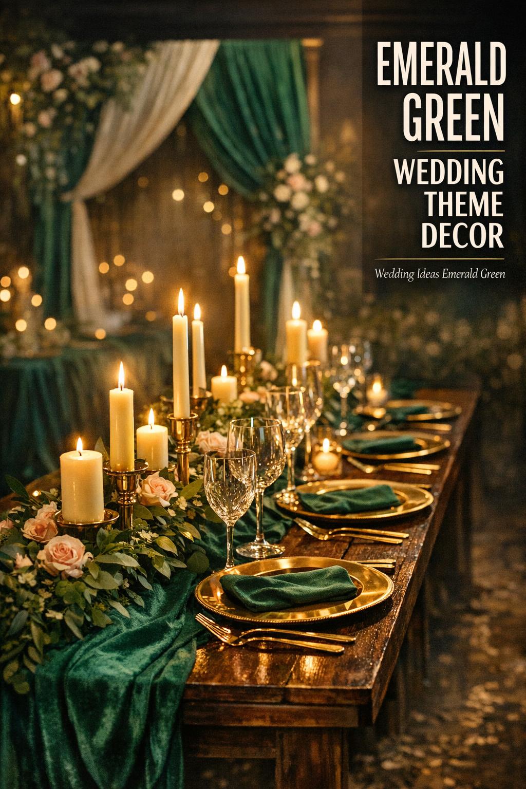 Emerald green wedding theme decor with velvet runner, greenery garland, ivory taper candles, and gold tableware in candlelight