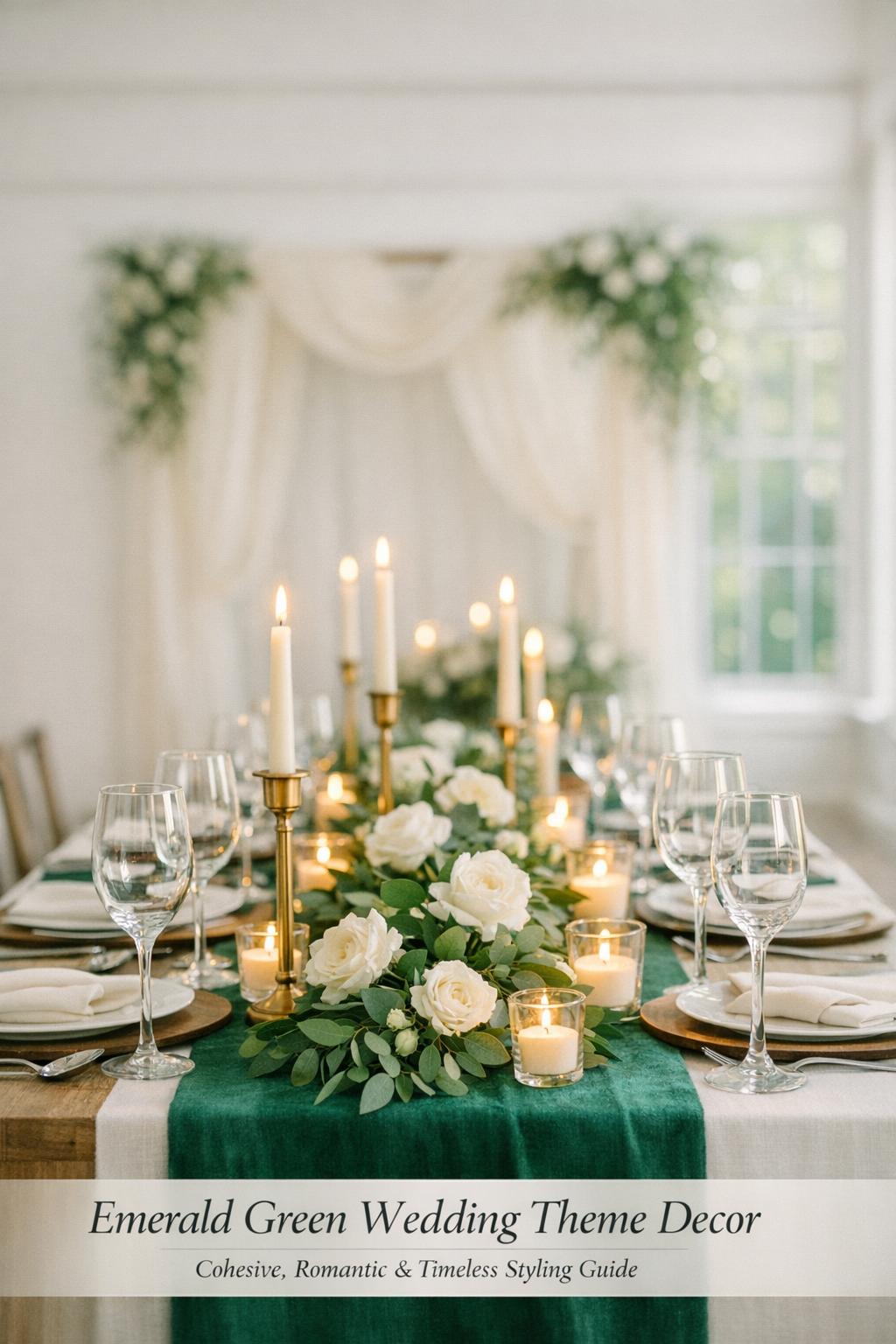 Emerald green wedding theme decor tablescape with velvet runner, white flowers, greenery garland, and candlelit place settings