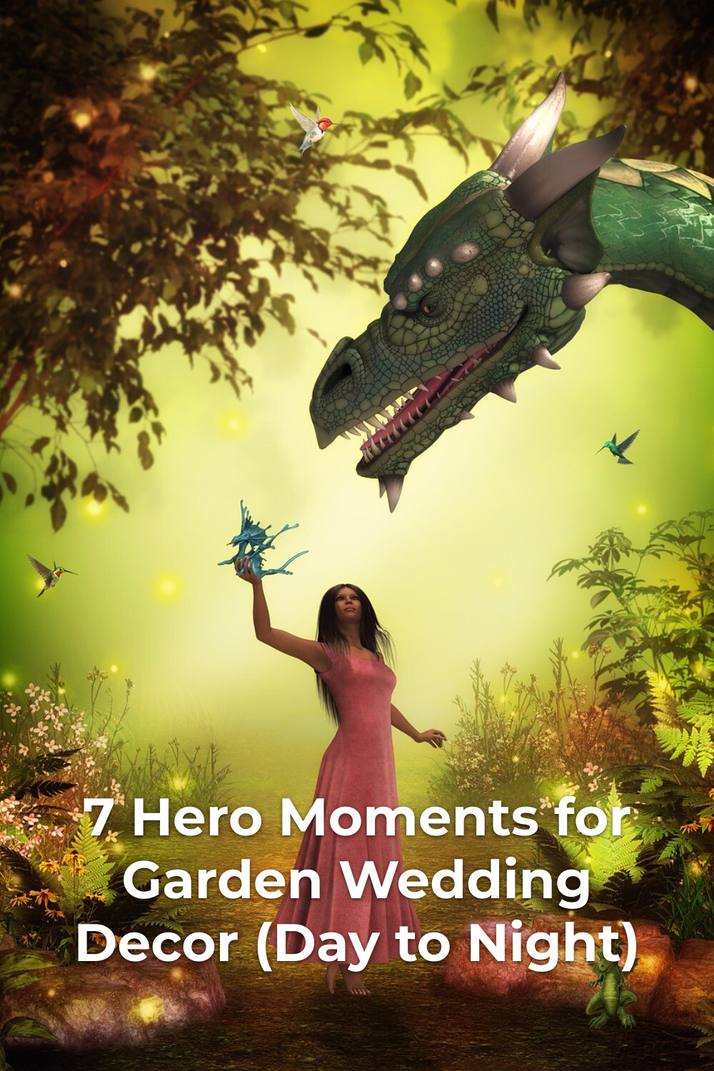 Romantic Garden Wedding Decor Forest Scene Garden wedding decor inspiration with woman in pink dress beneath a green dragon head in a forest clearing