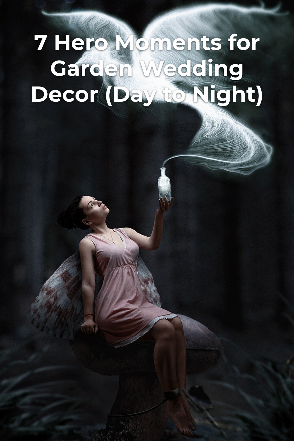 Romantic Garden Wedding Decor Inspiration Garden wedding decor inspiration: woman in pink dress on a large mushroom with a bottle as white smoke forms a bird